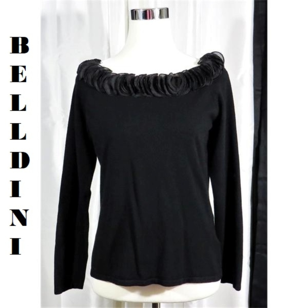 Women's Lg Black Sweater Top Ruffled Neckline